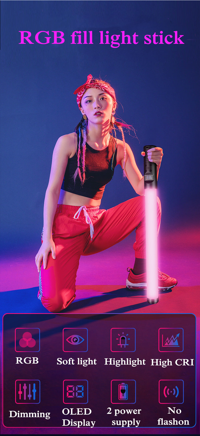 LED Handheld Light Stick for Photography with Adjustable Temperature and Ice Light Effect - SouqNoir